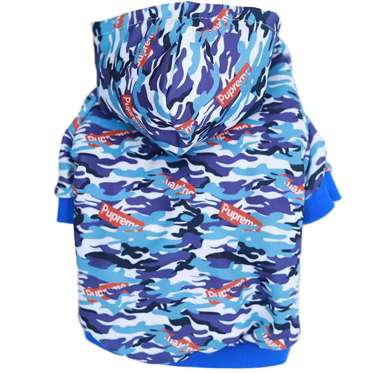 Blue camouflage hoodie with Supreme logo on a white background