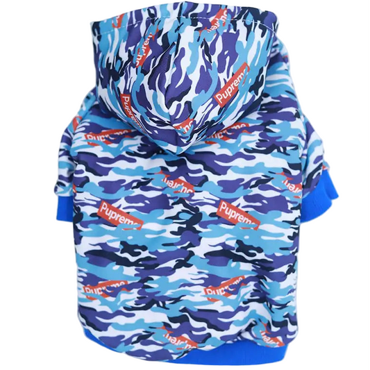 Blue camouflage hoodie with Supreme logo on a white background