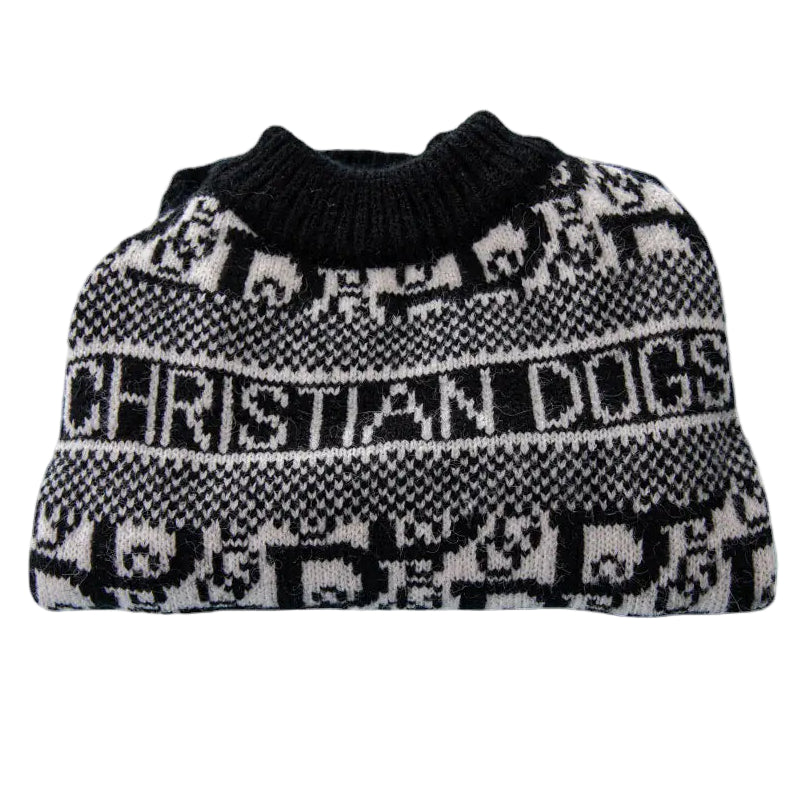 Black and white patterned dog sweater with 'Christian Dogs' text on a white background