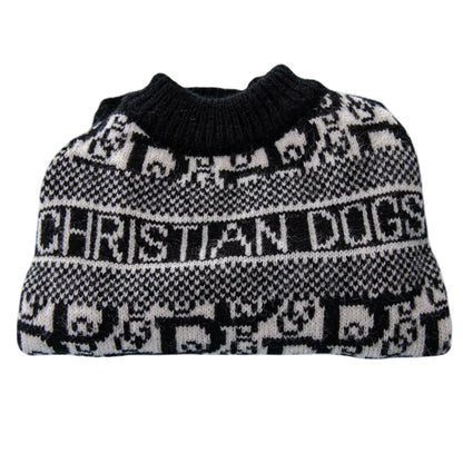Black and white patterned dog sweater with 'Christian Dogs' text on a white background