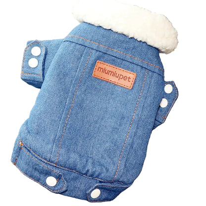 Blue denim pet coat with white fur lining and 'miumiupet' label on a textured surface.