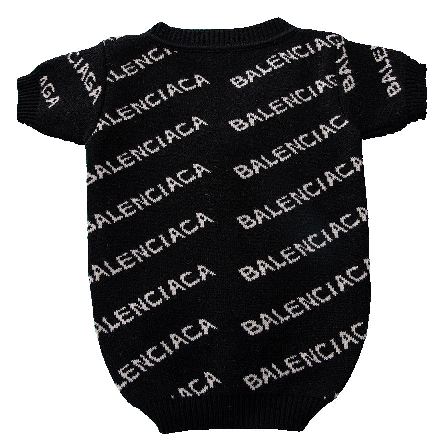 Black dog sweater with Balenciaga branding on a blue background