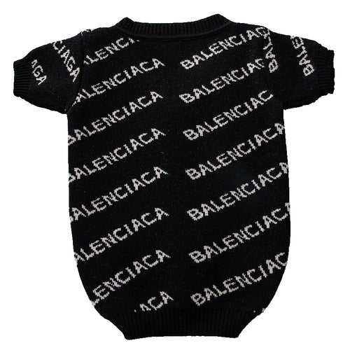 Black dog sweater with Balenciaga branding on a blue background
