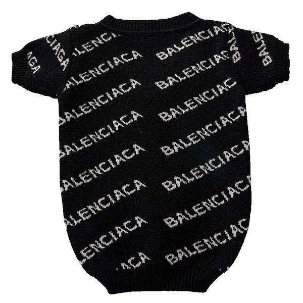 Black dog sweater with Balenciaga branding on a blue background
