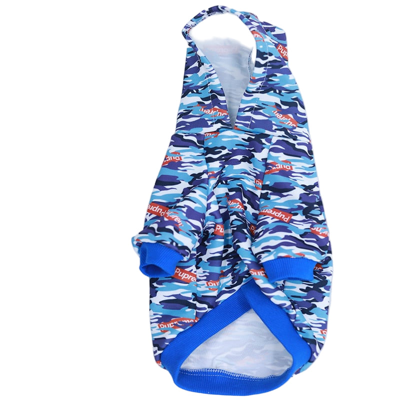 Blue camouflage dog coat with brand logo on a white background
