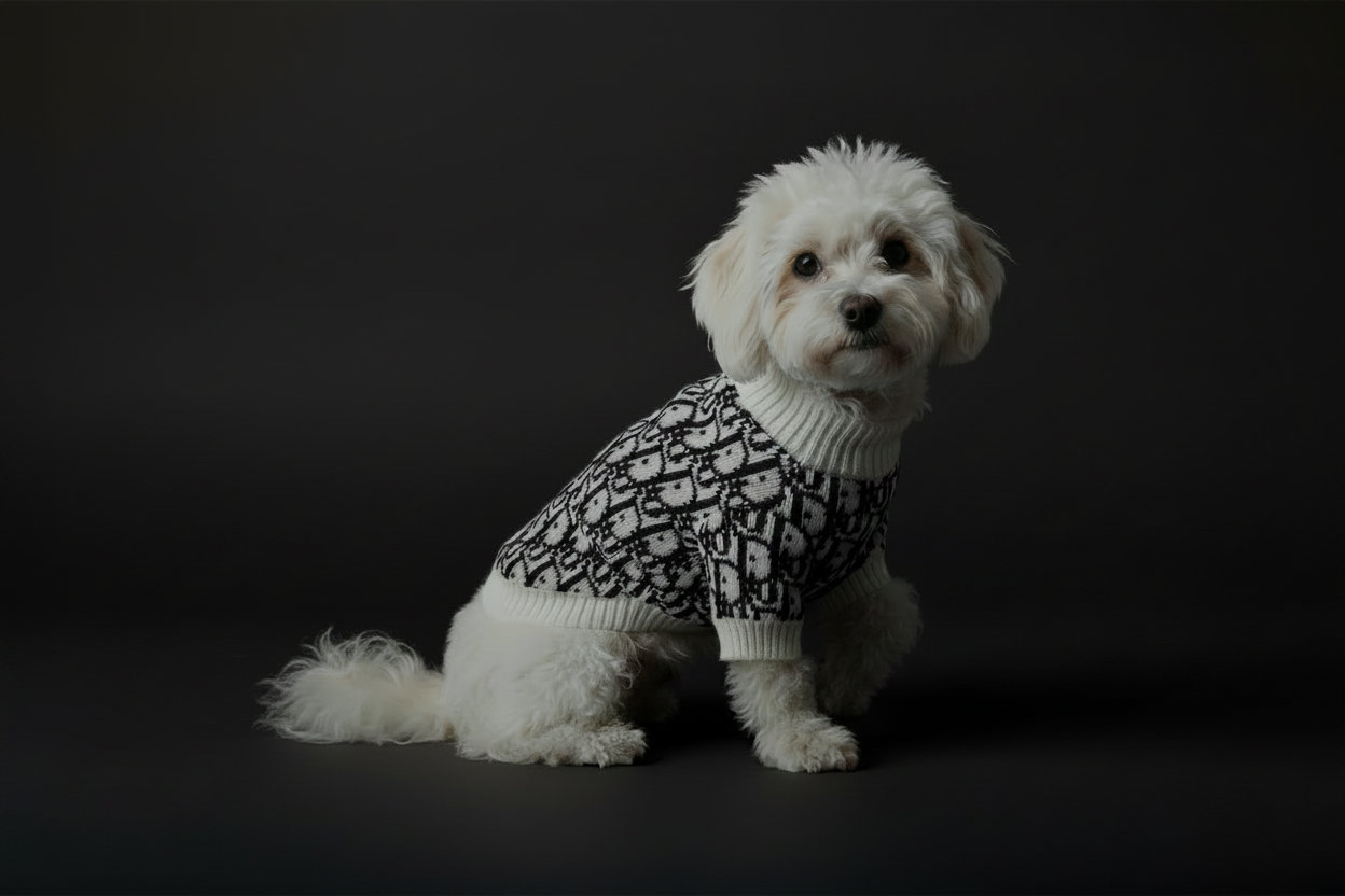Small white dog wearing a black and white patterned sweater on a white background