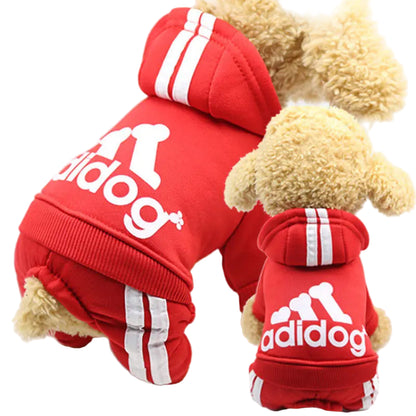 Red 'adidog' pet hoodie with white stripes on a light background