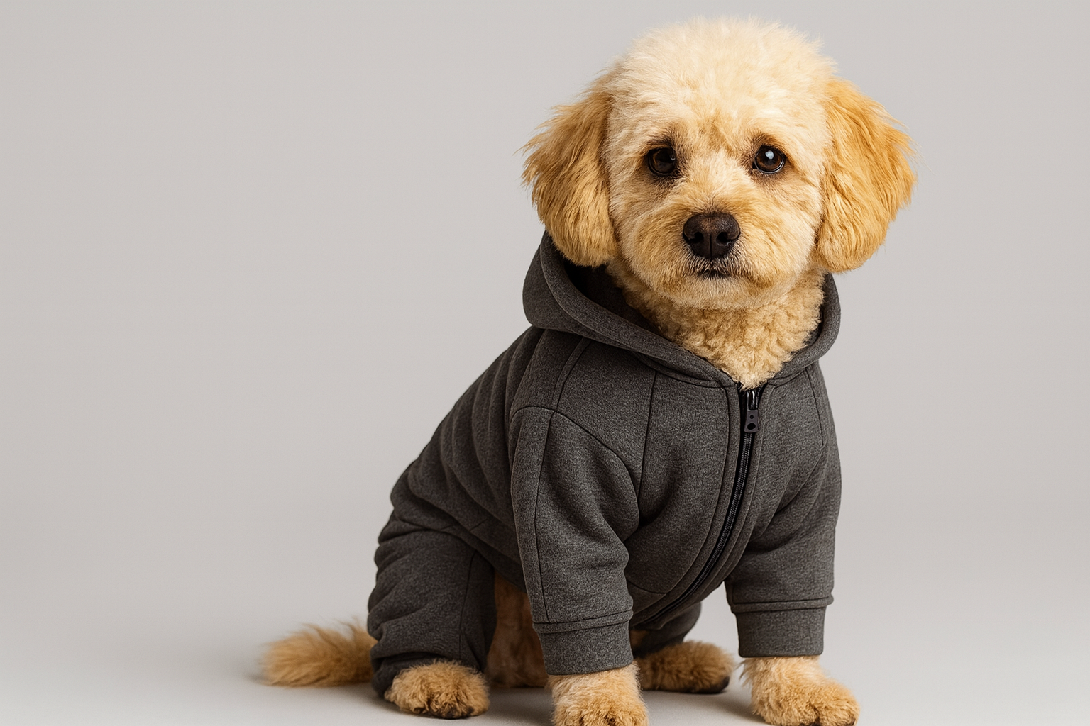 Dog wearing a gray hoodie on a plain background