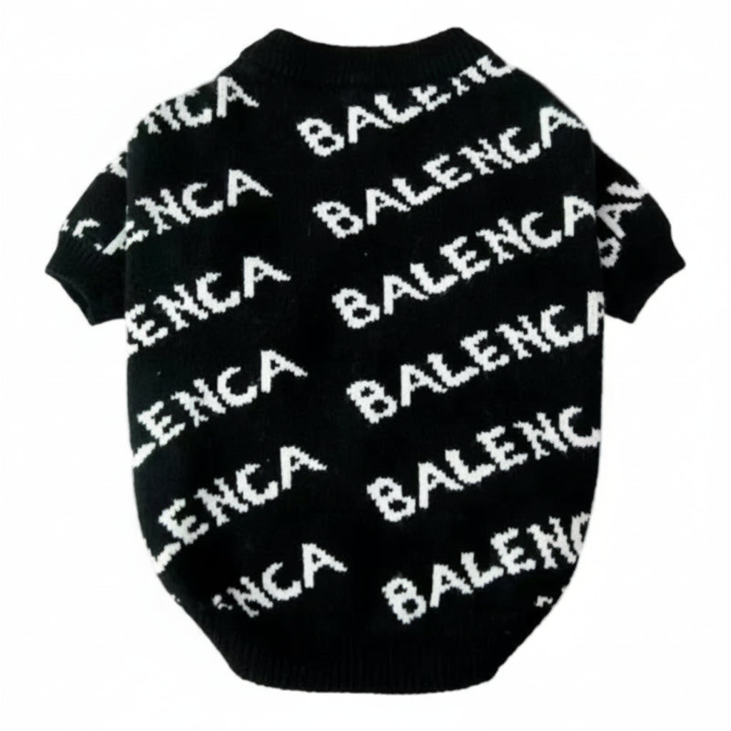 Black pet sweater with 'BALENCIAGA' branding on a white background