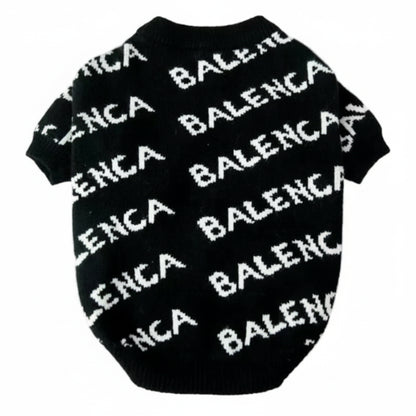 Black pet sweater with 'BALENCIAGA' branding on a white background