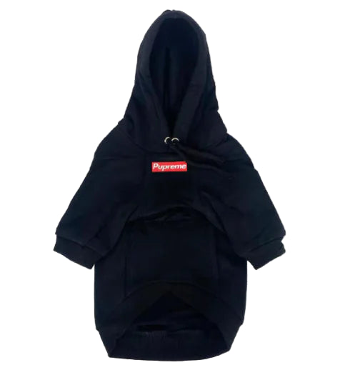 Black hoodie with a red and white logo on a white background