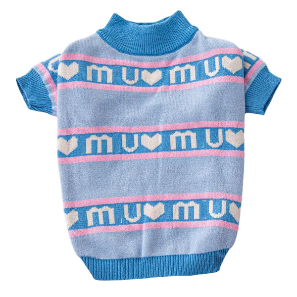 Blue dog sweater with 'mu mu' pattern on a white background