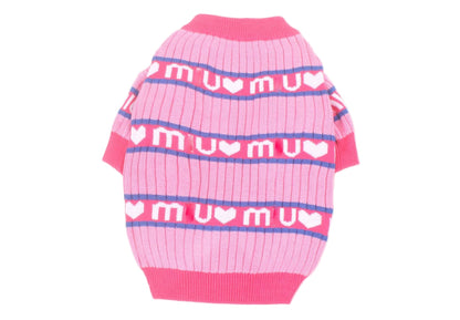 Pink dog sweater with 'mum' text on a white background