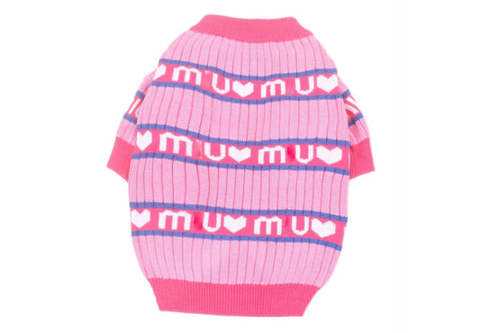 Pink dog sweater with 'mum' text on a white background