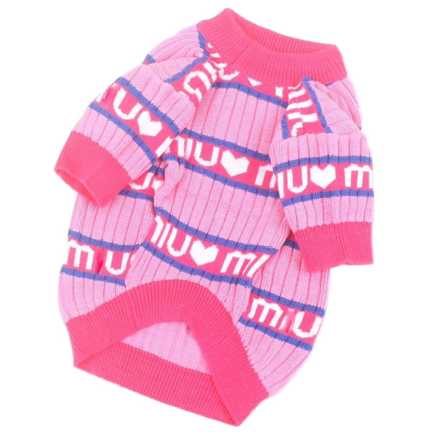 Pink dog sweater with 'miu miu' branding on a white background