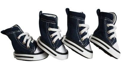 Set of four navy blue high-top sneakers with white laces on a white background