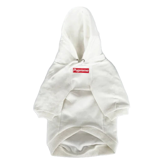 White dog hoodie with a red and white logo on a light gray background