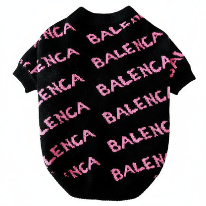 Black pet sweater with pink 'BALENCIAGA' text on a white background
