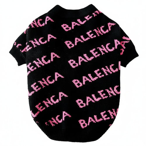 Black pet sweater with pink 'BALENCIAGA' text on a white background