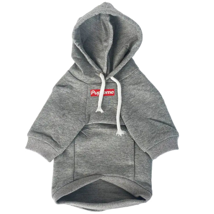 Gray hoodie with a red Supreme logo on a white background