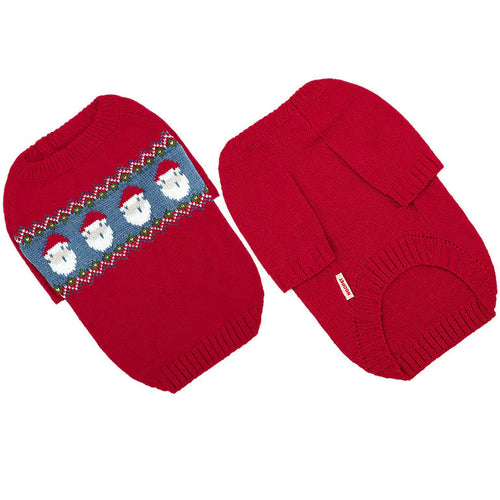 Red knitted dog sweater with festive pattern on a white background