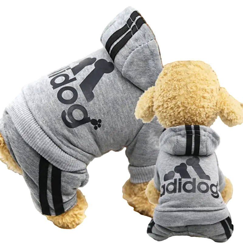 Dog wearing a gray hoodie with 'adidog' branding on a white background
